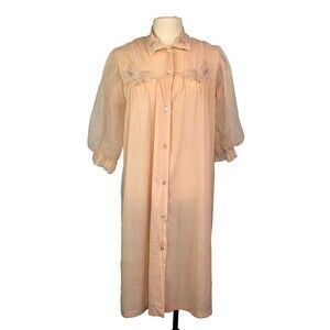 Texsheen Vintage Peach Pink Nylon Button Front Robe, Sheer Puff Sleeves 38 bust